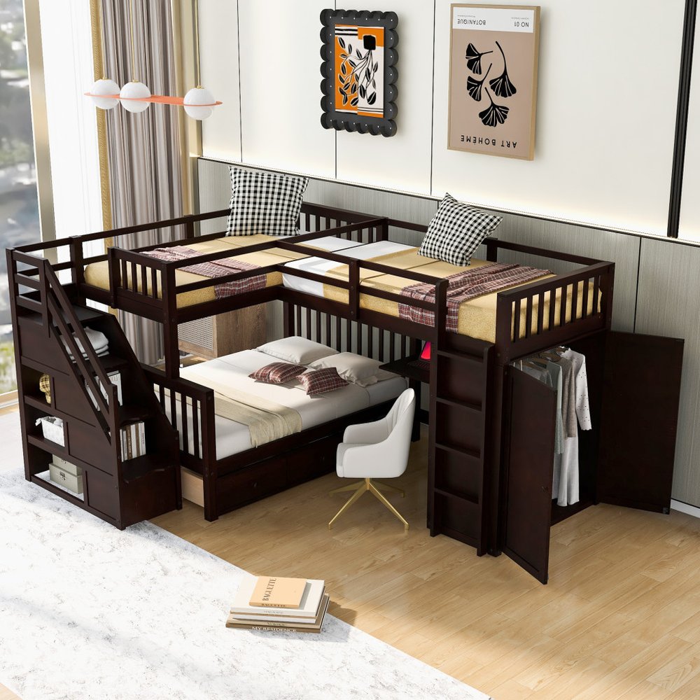 Espresso Twin Over Twin Over Full Solid Wood Bunk Bed With Stairs And Desk And Storage