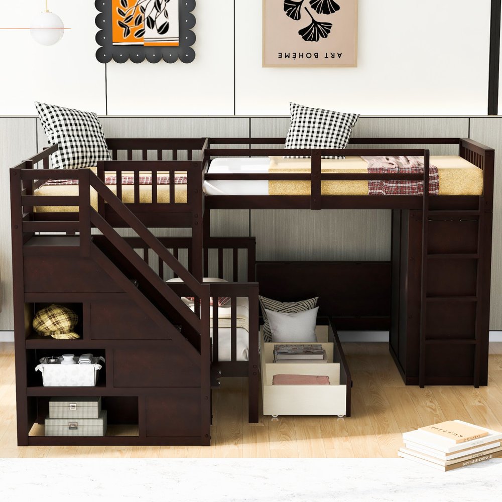 Espresso Twin Over Twin Over Full Solid Wood Bunk Bed With Stairs And Desk And Storage