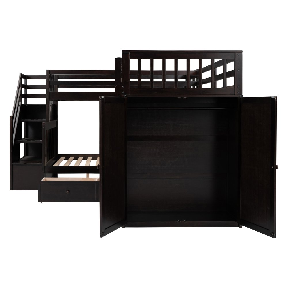 Espresso Twin Over Twin Over Full Solid Wood Bunk Bed With Stairs And Desk And Storage