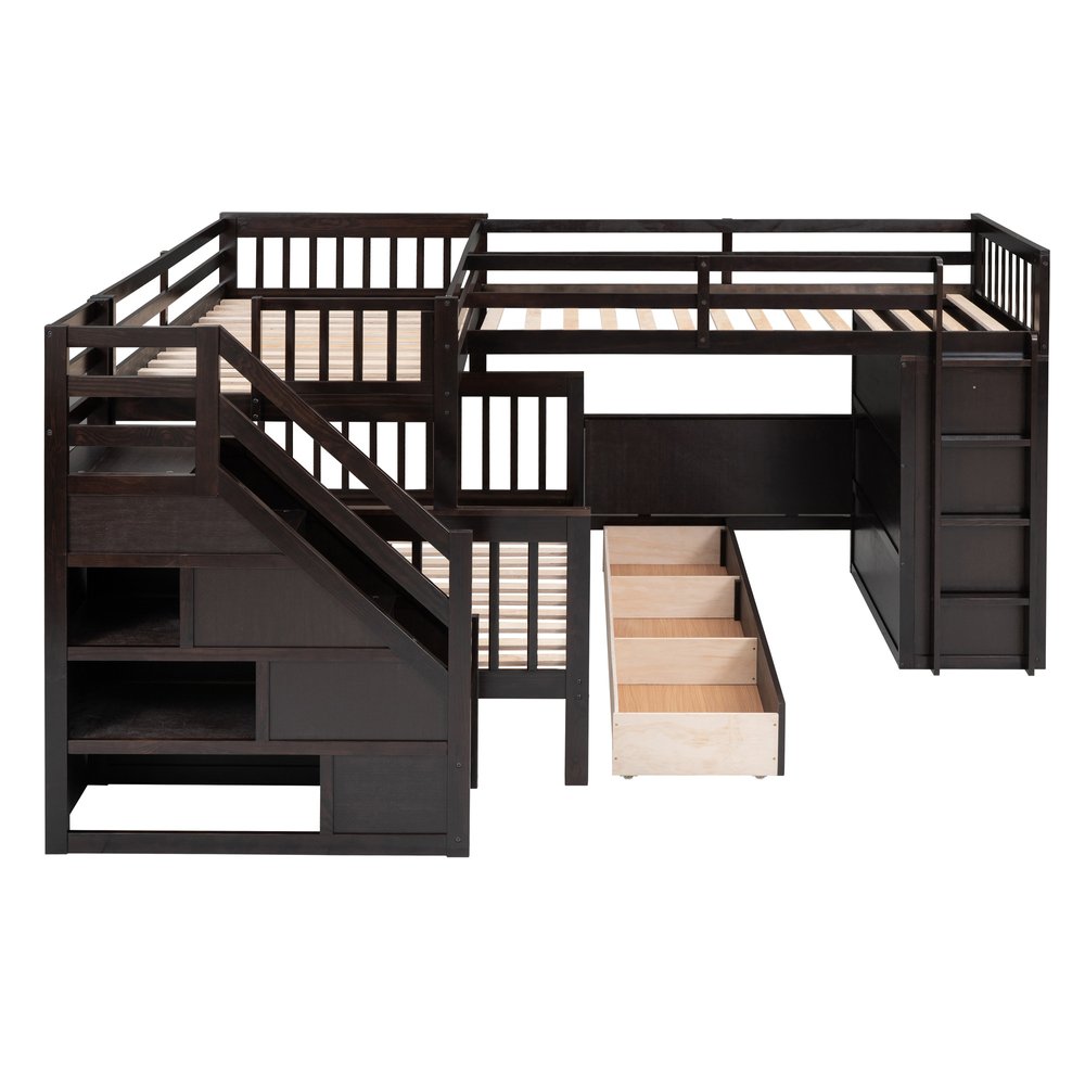 Espresso Twin Over Twin Over Full Solid Wood Bunk Bed With Stairs And Desk And Storage