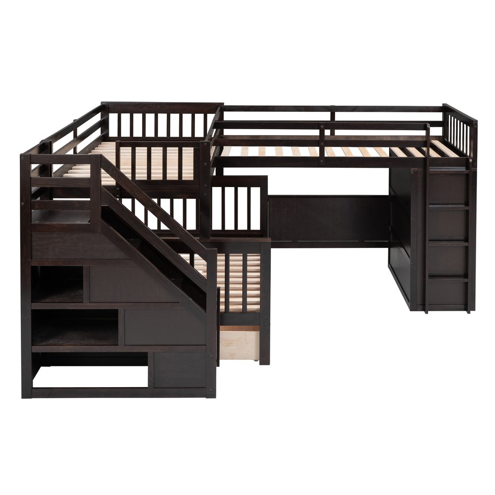 Espresso Twin Over Twin Over Full Solid Wood Bunk Bed With Stairs And Desk And Storage