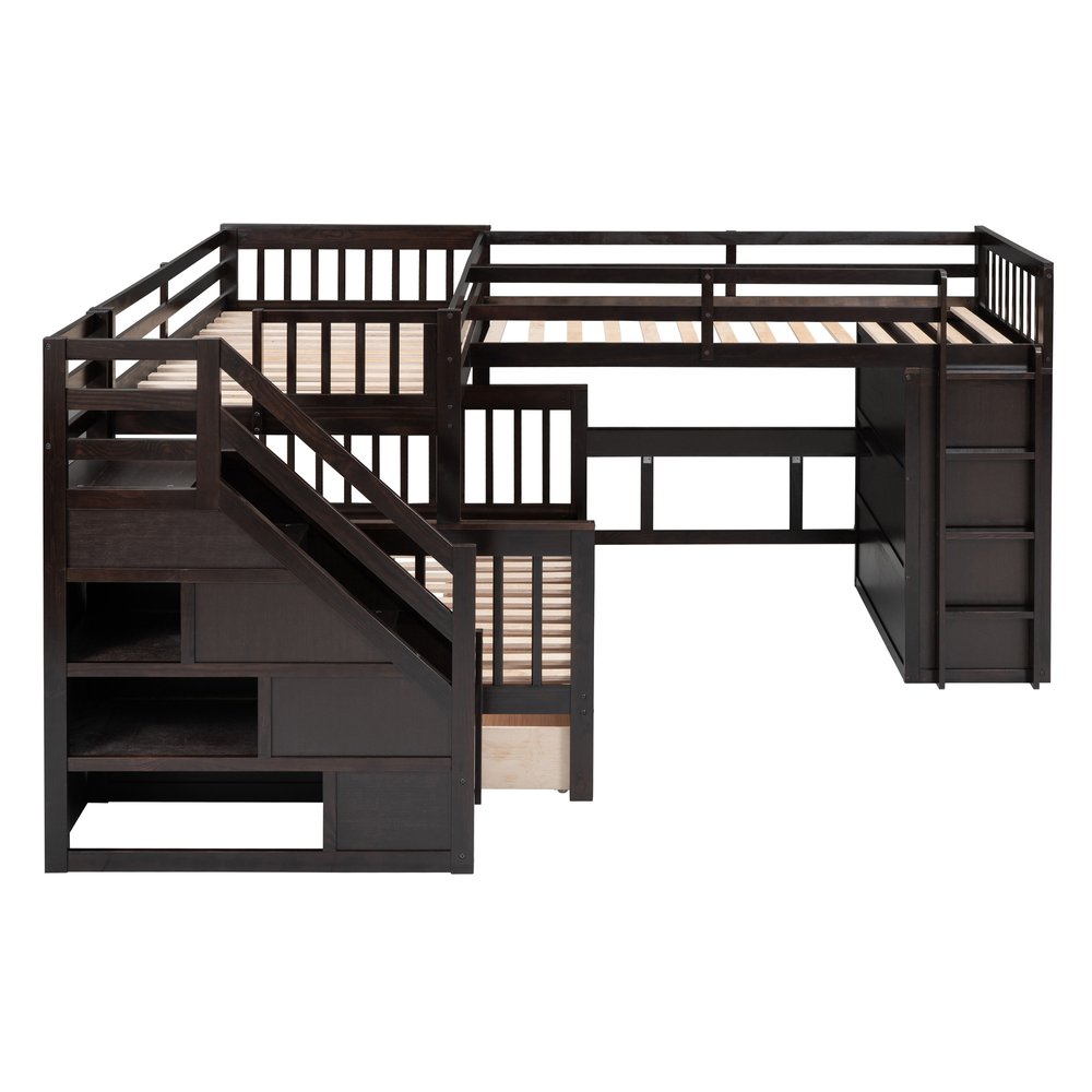 Espresso Twin Over Twin Over Full Solid Wood Bunk Bed With Stairs And Desk And Storage