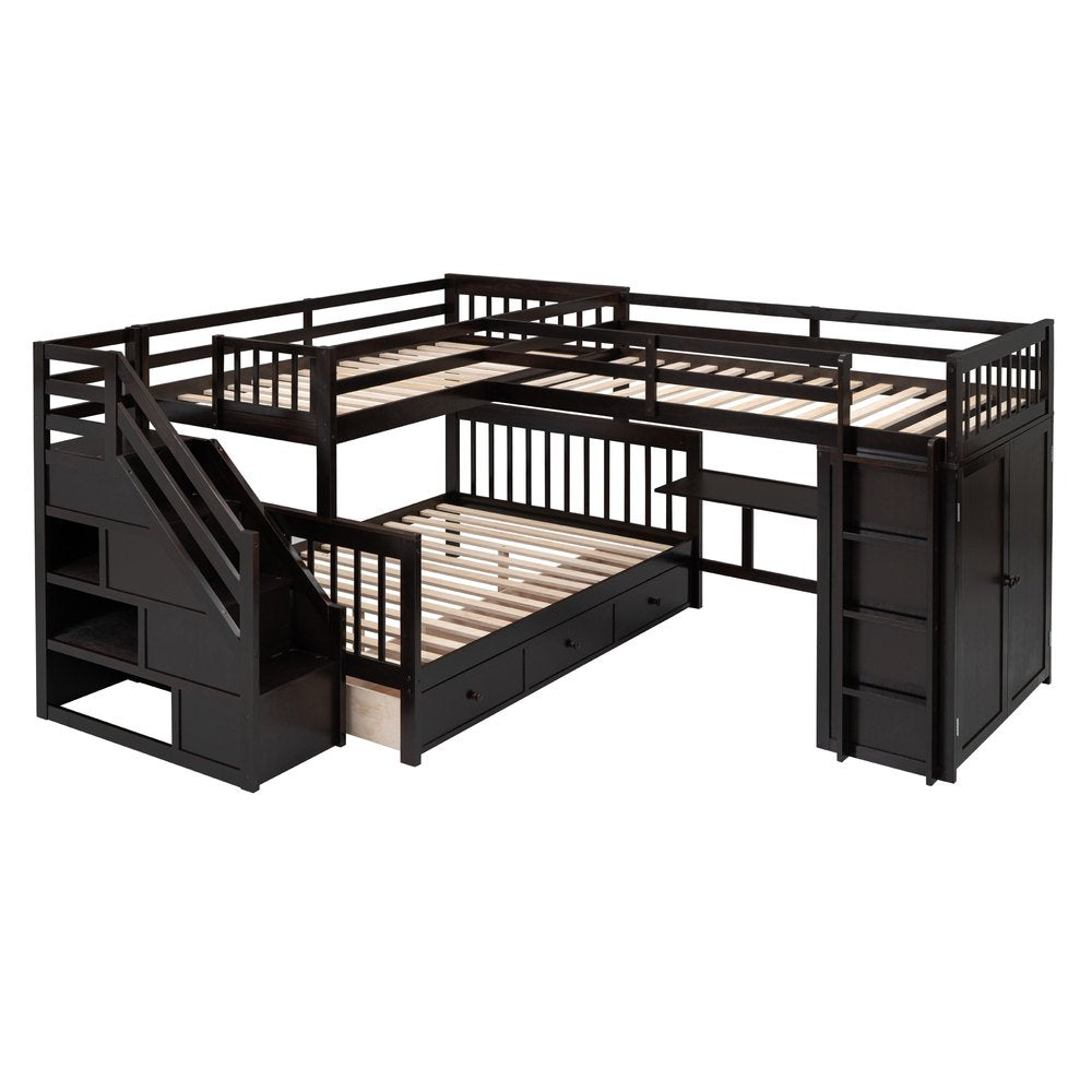 Espresso Twin Over Twin Over Full Solid Wood Bunk Bed With Stairs And Desk And Storage