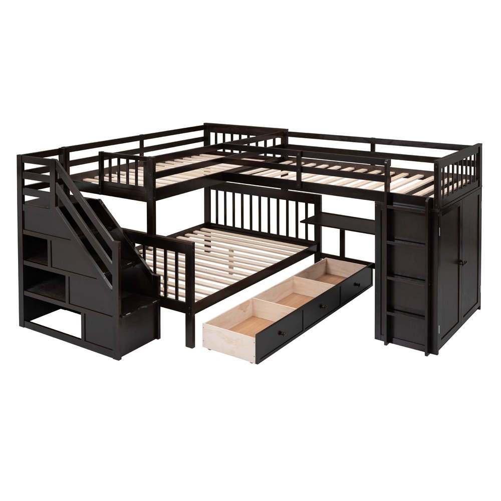 Espresso Twin Over Twin Over Full Solid Wood Bunk Bed With Stairs And Desk And Storage