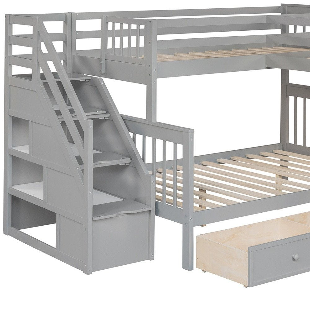 Gray Twin Over Full L Shaped Solid Wood Bunk Bed With Stairs Drawers And Storage