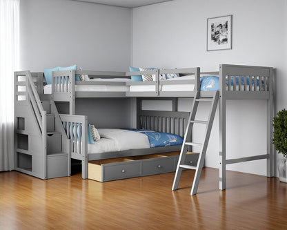 Gray Twin Over Full L Shaped Solid Wood Bunk Bed With Stairs Drawers And Storage