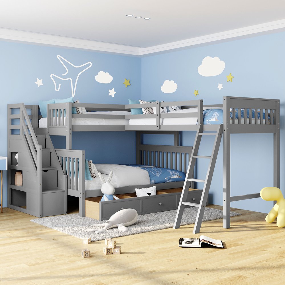 Gray Twin Over Full L Shaped Solid Wood Bunk Bed With Stairs Drawers And Storage
