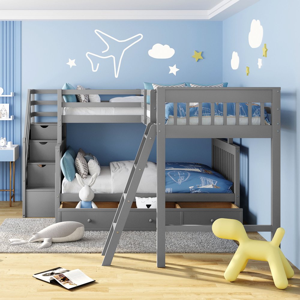 Gray Twin Over Full L Shaped Solid Wood Bunk Bed With Stairs Drawers And Storage