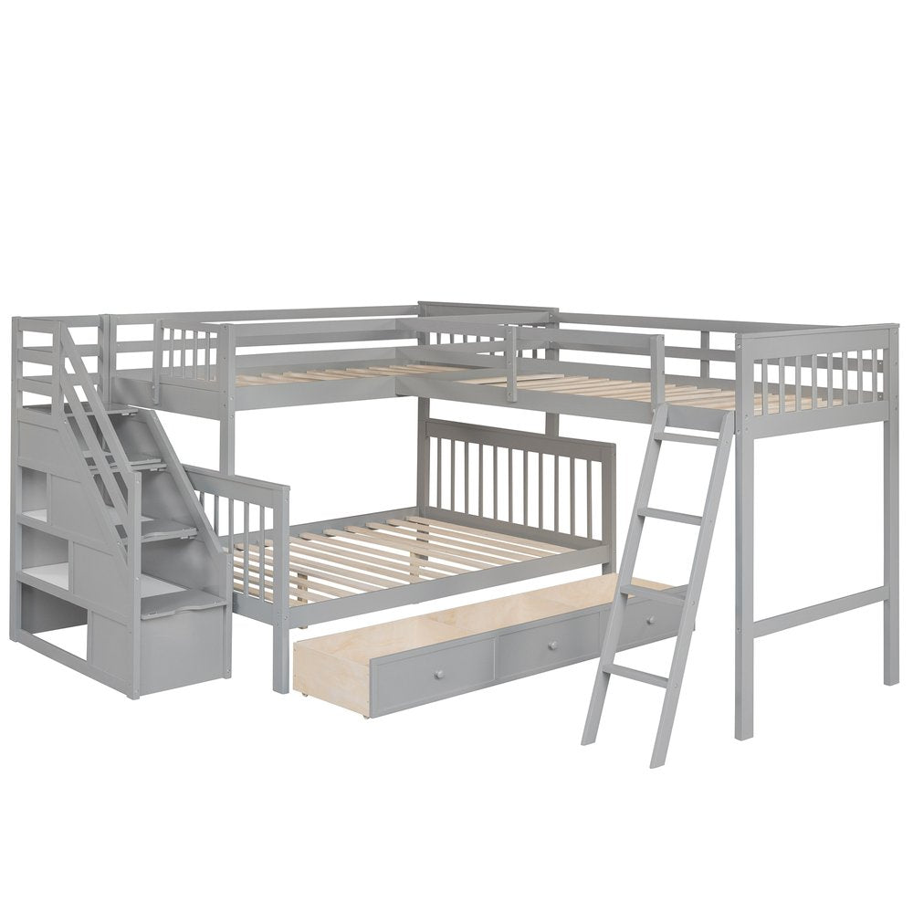 Gray Twin Over Full L Shaped Solid Wood Bunk Bed With Stairs Drawers And Storage