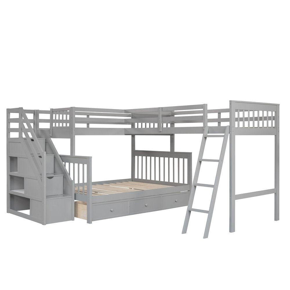 Gray Twin Over Full L Shaped Solid Wood Bunk Bed With Stairs Drawers And Storage