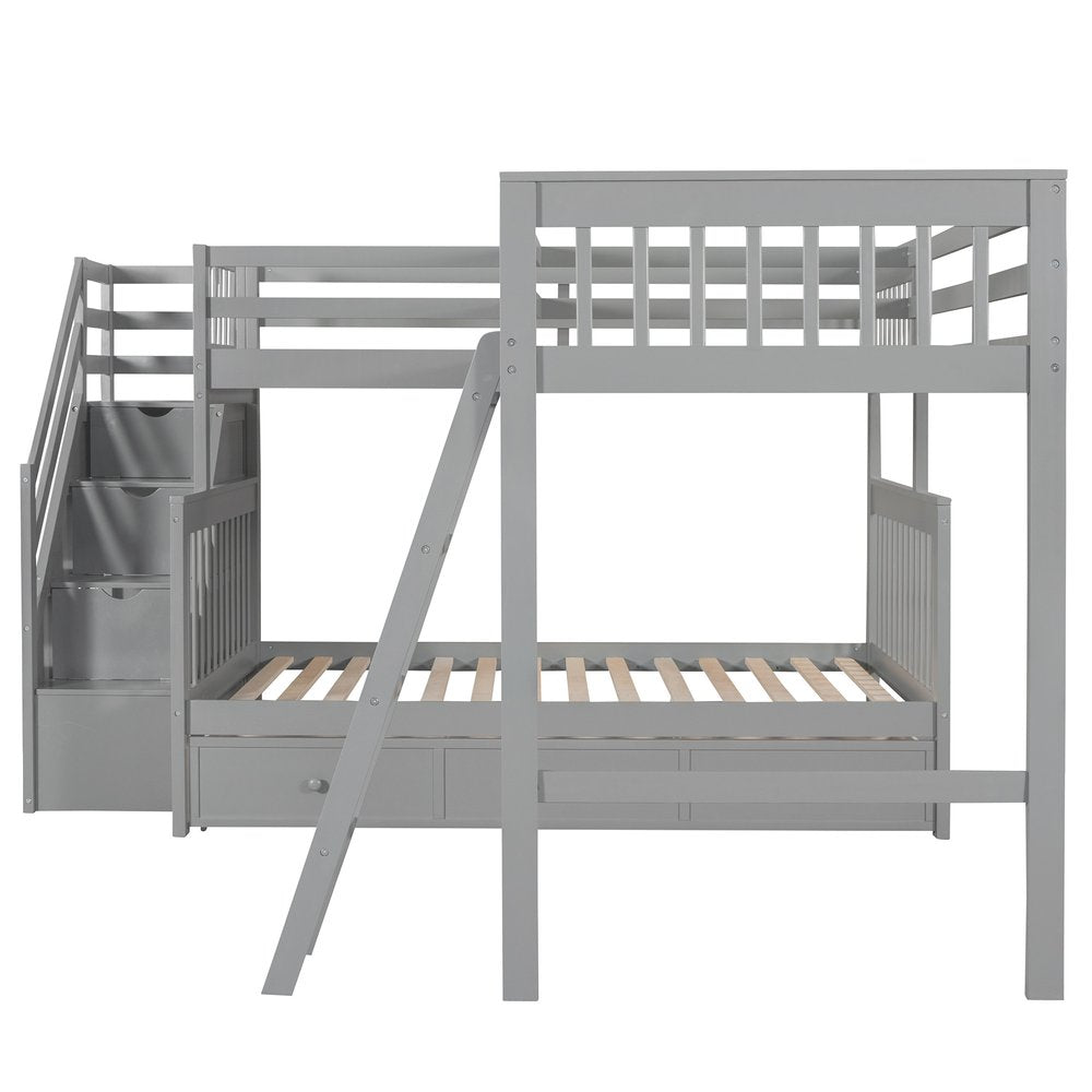 Gray Twin Over Full L Shaped Solid Wood Bunk Bed With Stairs Drawers And Storage
