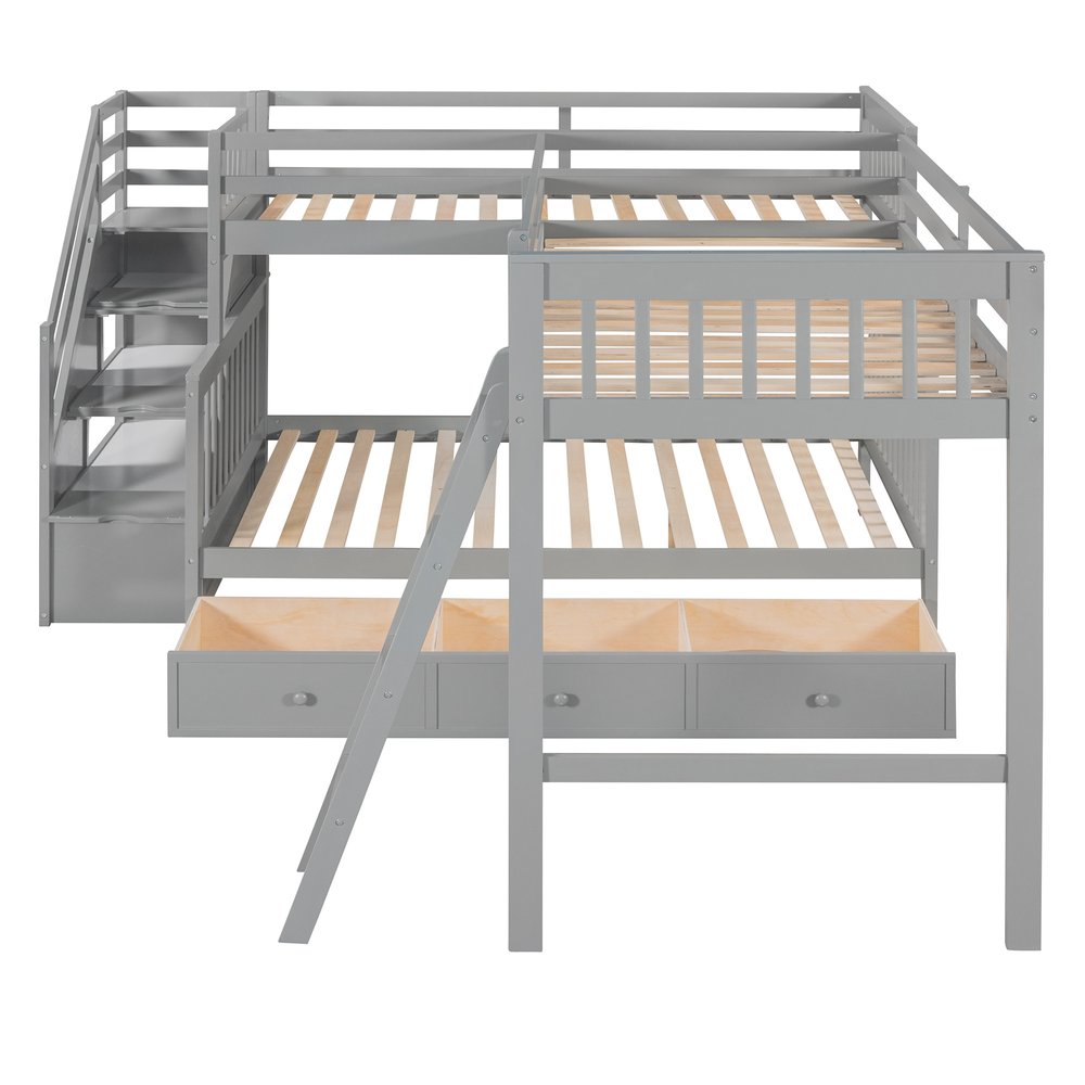Gray Twin Over Full L Shaped Solid Wood Bunk Bed With Stairs Drawers And Storage