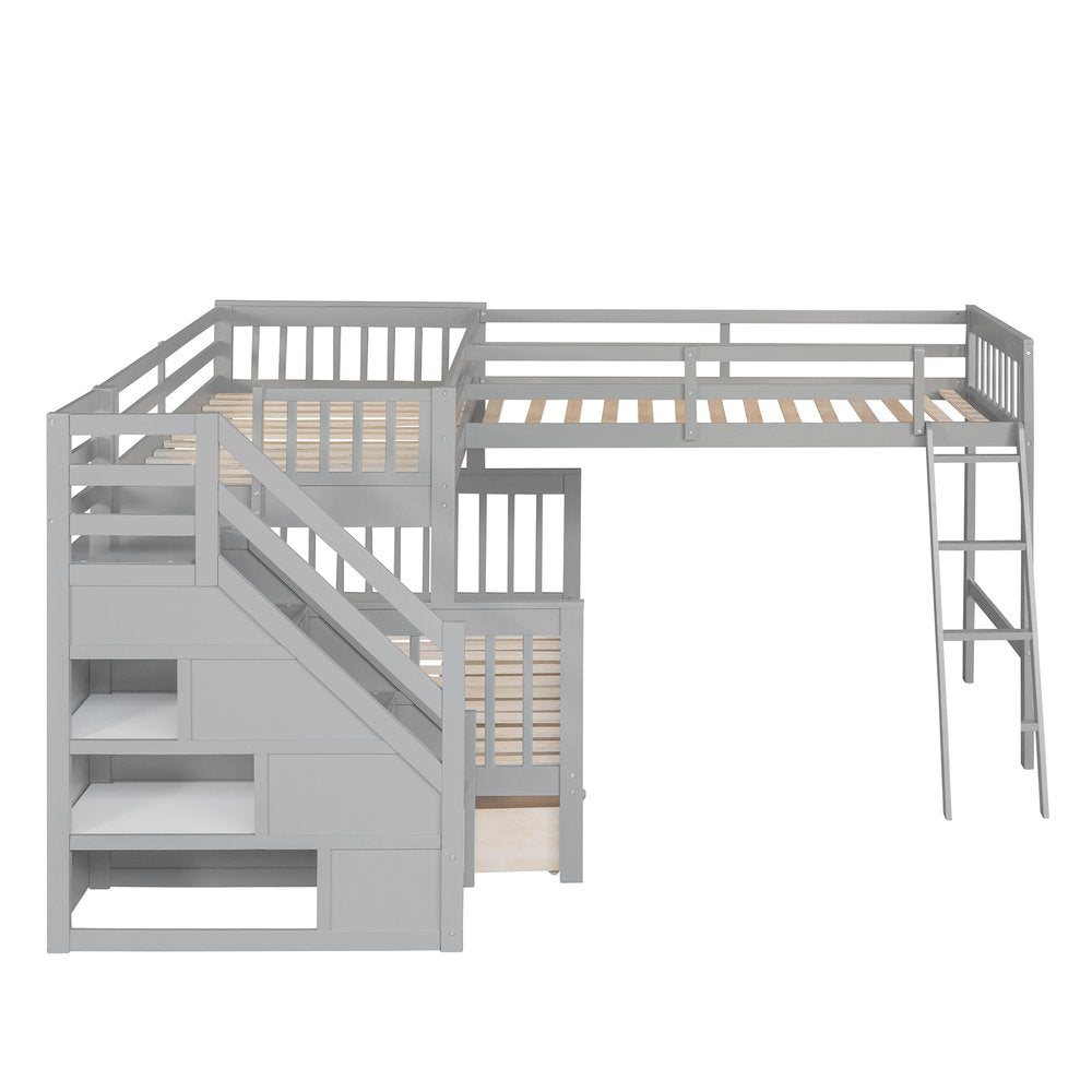 Gray Twin Over Full L Shaped Solid Wood Bunk Bed With Stairs Drawers And Storage