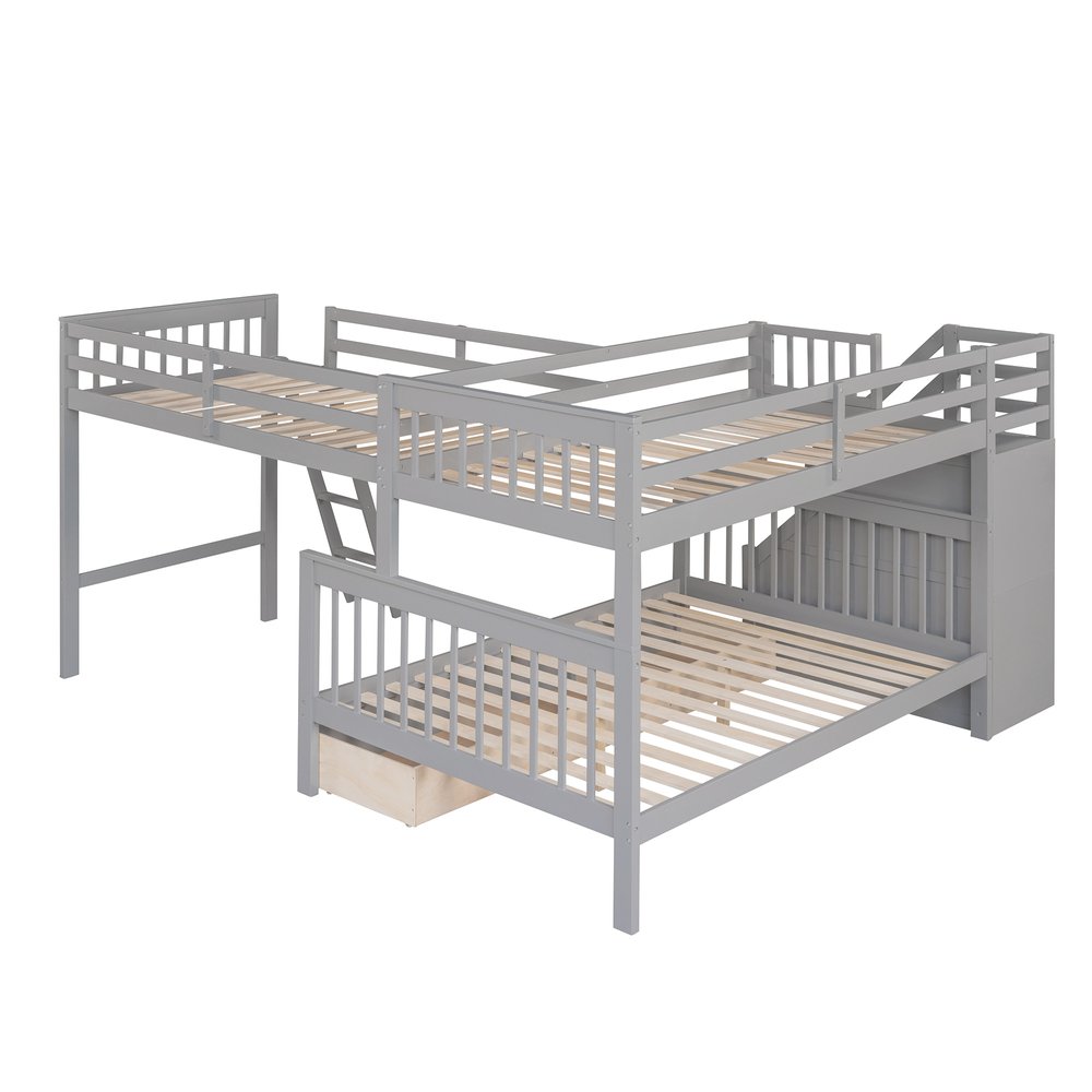 Gray Twin Over Full L Shaped Solid Wood Bunk Bed With Stairs Drawers And Storage