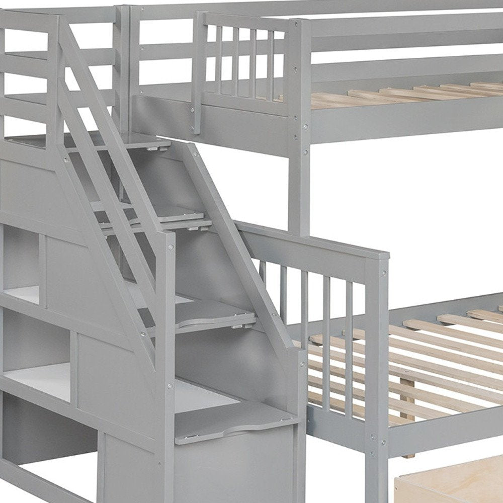 Gray Twin Over Full L Shaped Solid Wood Bunk Bed With Stairs Drawers And Storage