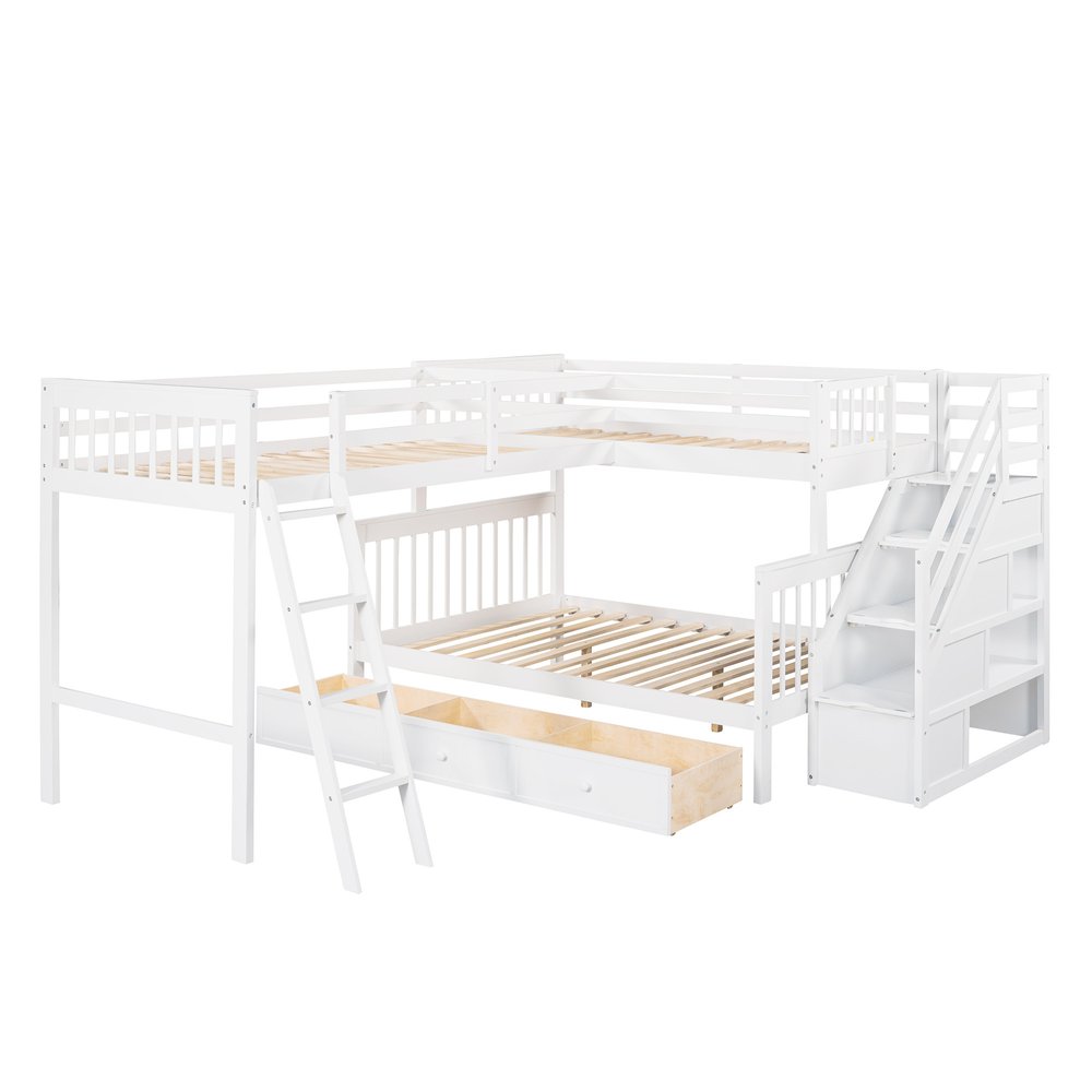 White Twin Over Full Solid Wood Bunk Bed With Stairs And Drawers And Storage