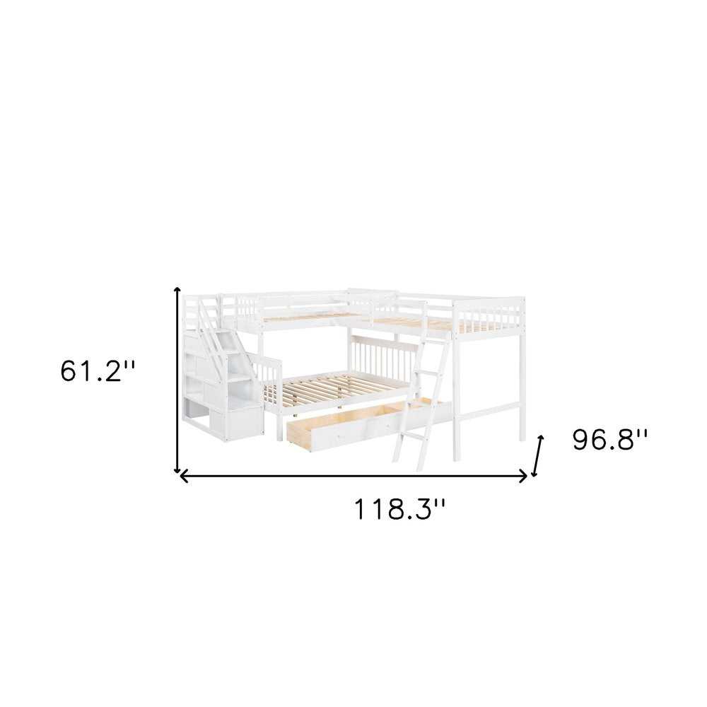 White Twin Over Full Solid Wood Bunk Bed With Stairs And Drawers And Storage