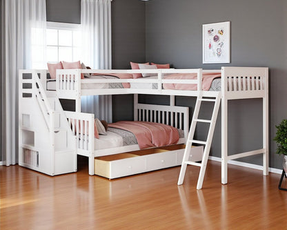 White Twin Over Full Solid Wood Bunk Bed With Stairs And Drawers And Storage