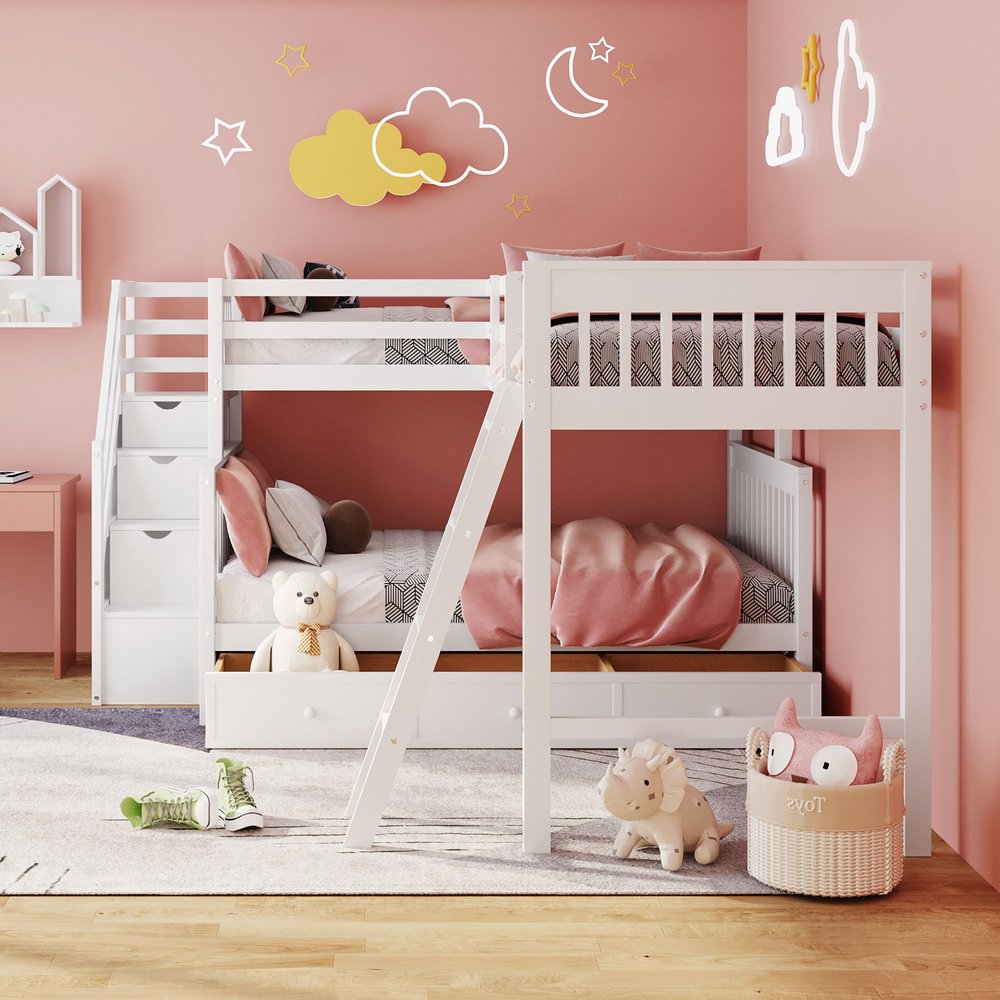 White Twin Over Full Solid Wood Bunk Bed With Stairs And Drawers And Storage