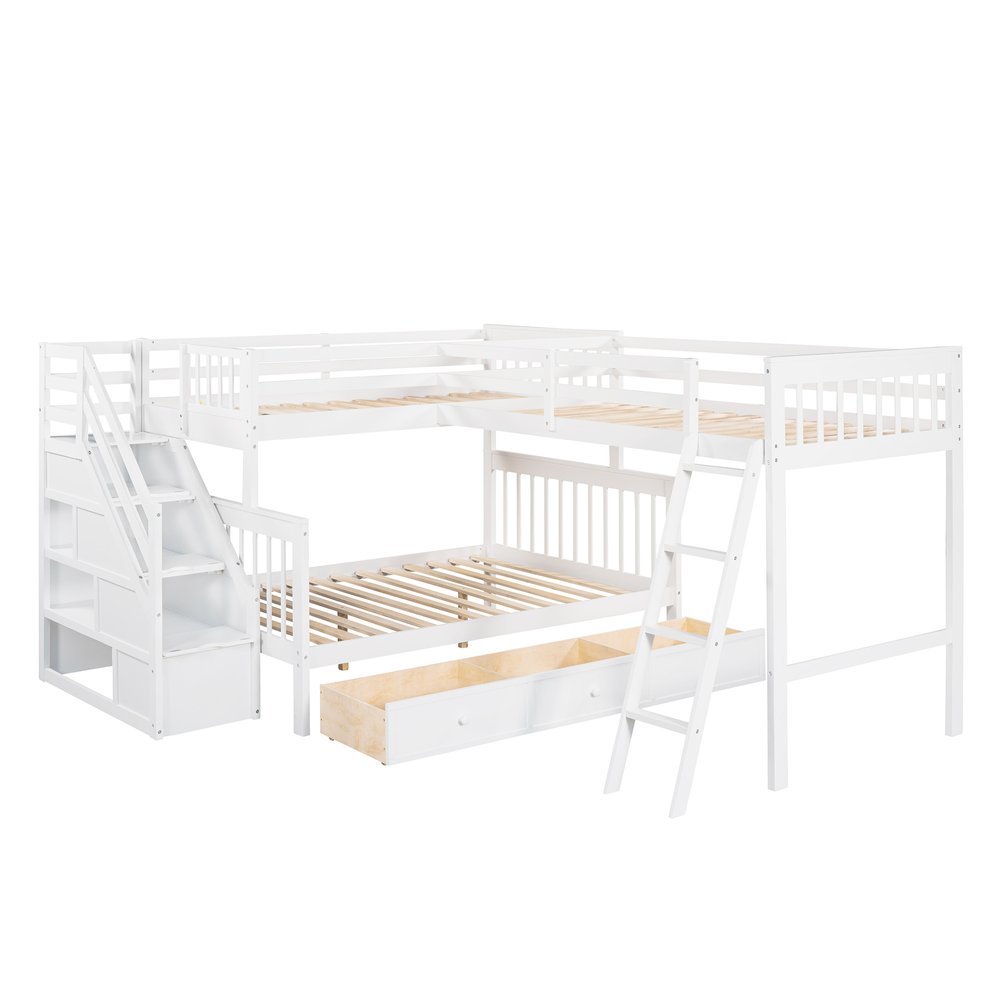 White Twin Over Full Solid Wood Bunk Bed With Stairs And Drawers And Storage