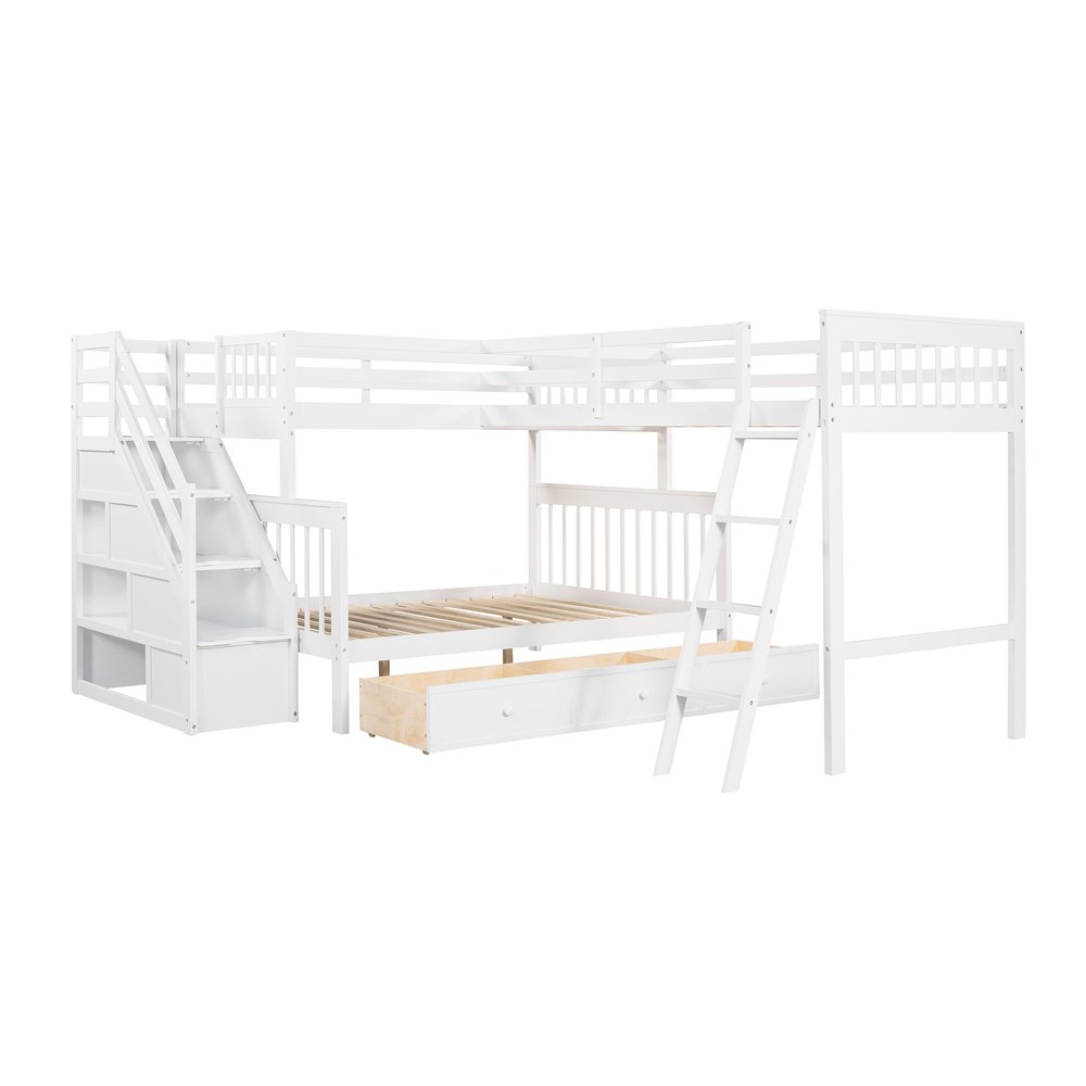 White Twin Over Full Solid Wood Bunk Bed With Stairs And Drawers And Storage