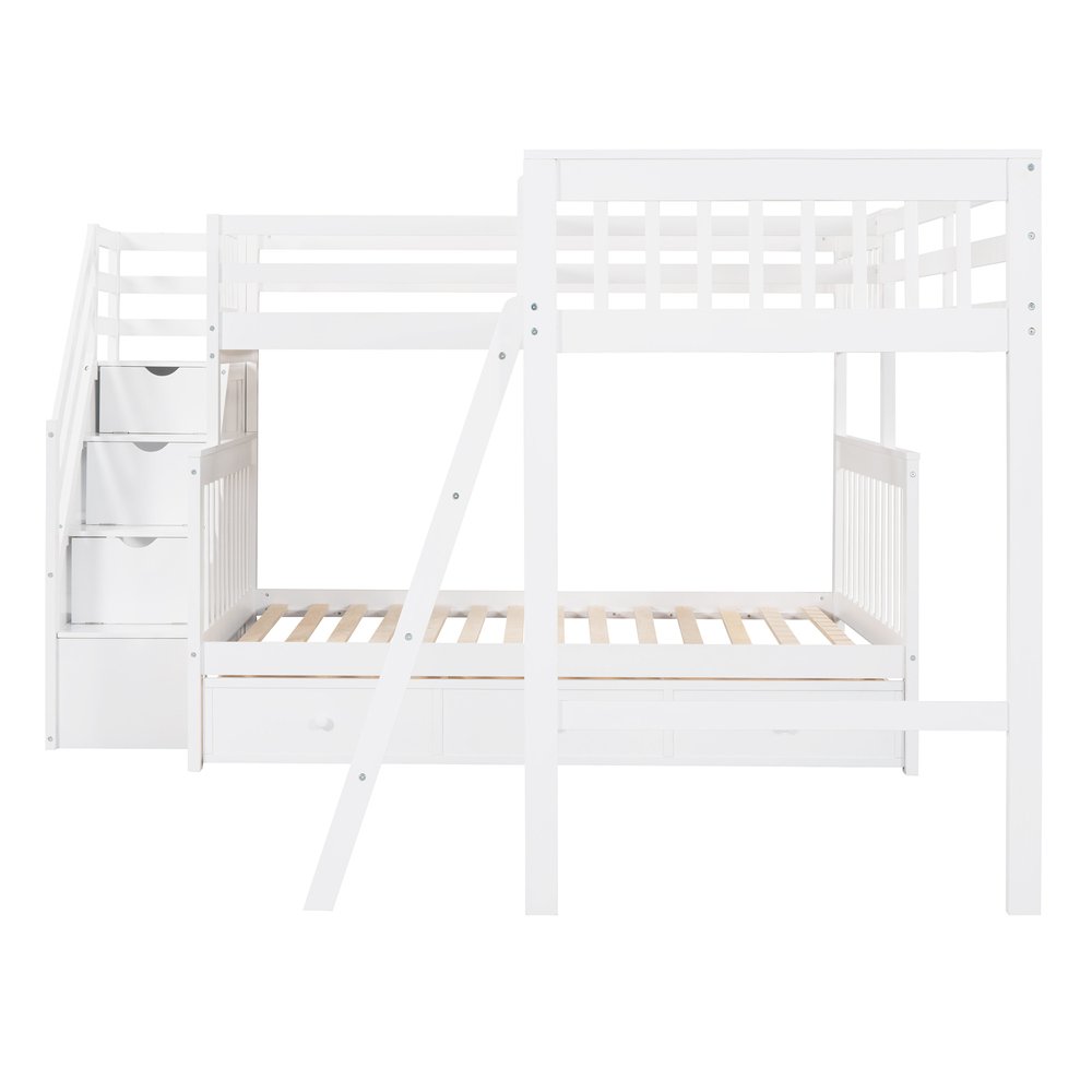 White Twin Over Full Solid Wood Bunk Bed With Stairs And Drawers And Storage