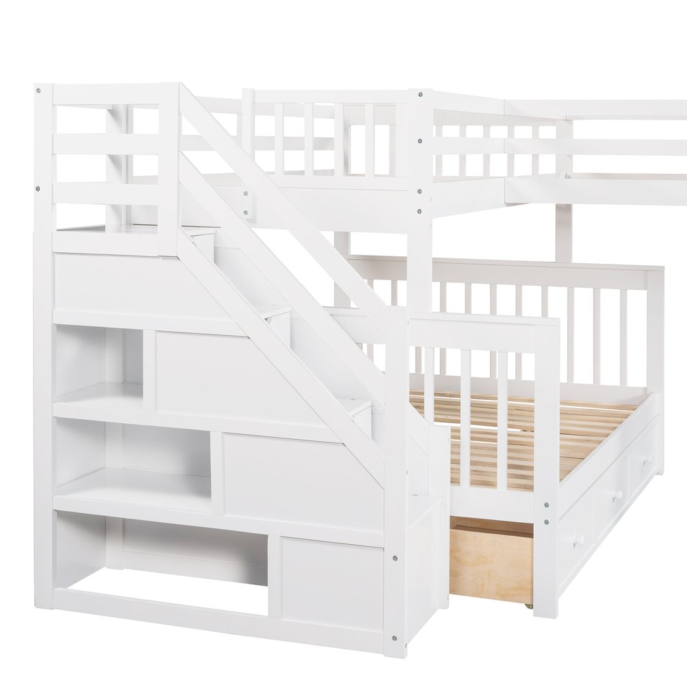White Twin Over Full Solid Wood Bunk Bed With Stairs And Drawers And Storage