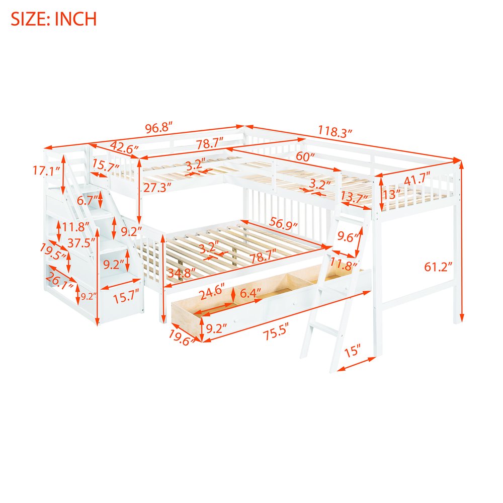 White Twin Over Full Solid Wood Bunk Bed With Stairs And Drawers And Storage