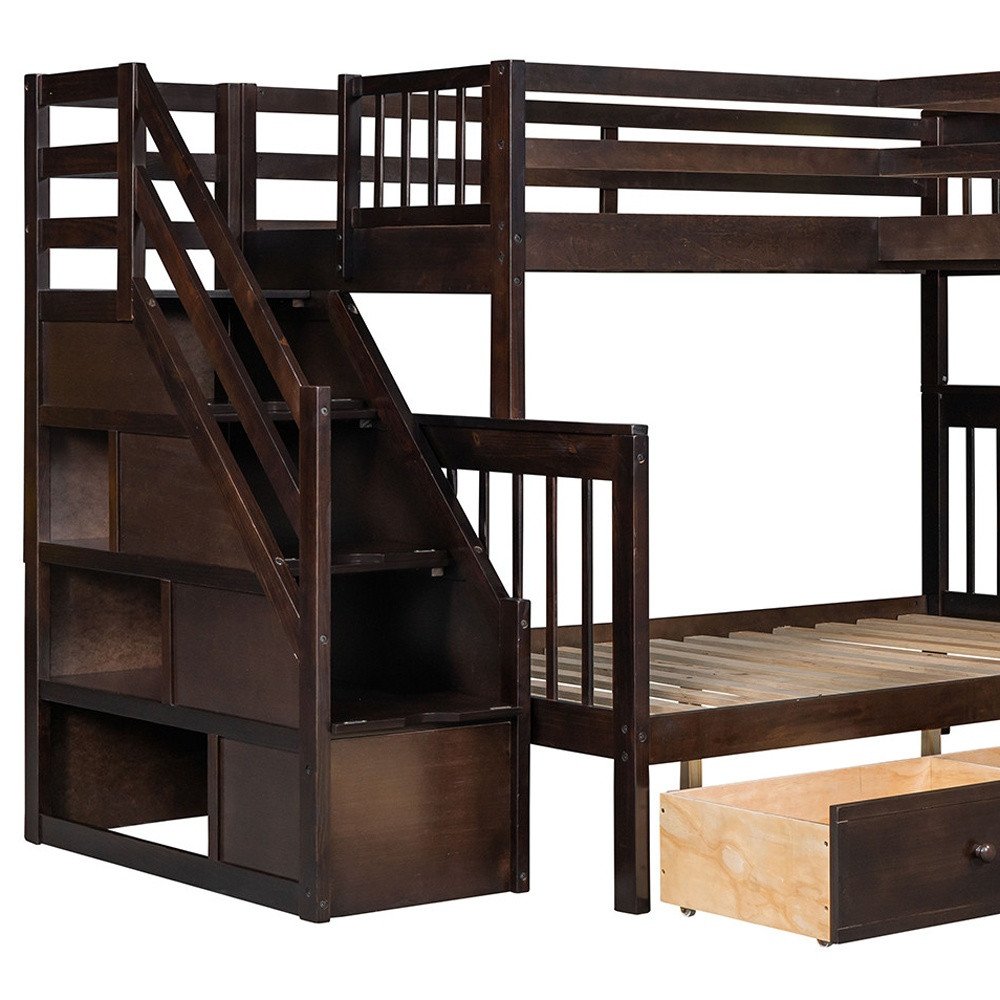 Espresso Twin Over Full Solid Wood Bunk Bed With Stairs And Storage