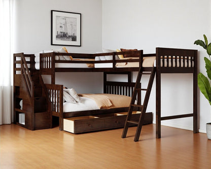 Espresso Twin Over Full Solid Wood Bunk Bed With Stairs And Storage