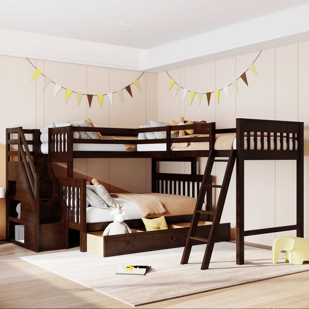 Espresso Twin Over Full Solid Wood Bunk Bed With Stairs And Storage