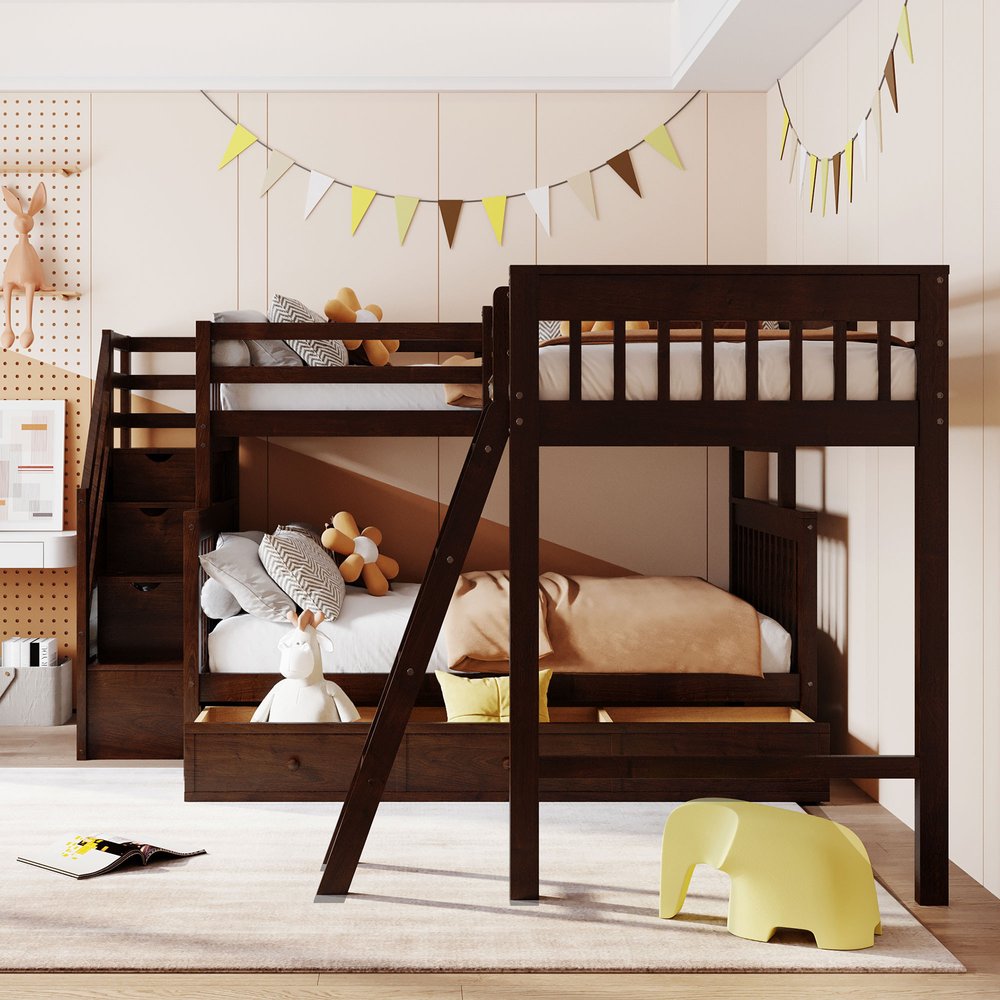 Espresso Twin Over Full Solid Wood Bunk Bed With Stairs And Storage