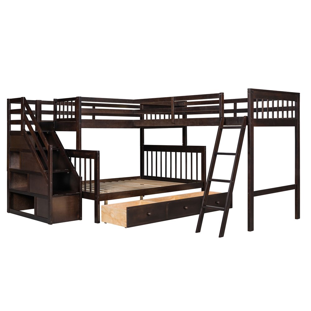 Espresso Twin Over Full Solid Wood Bunk Bed With Stairs And Storage