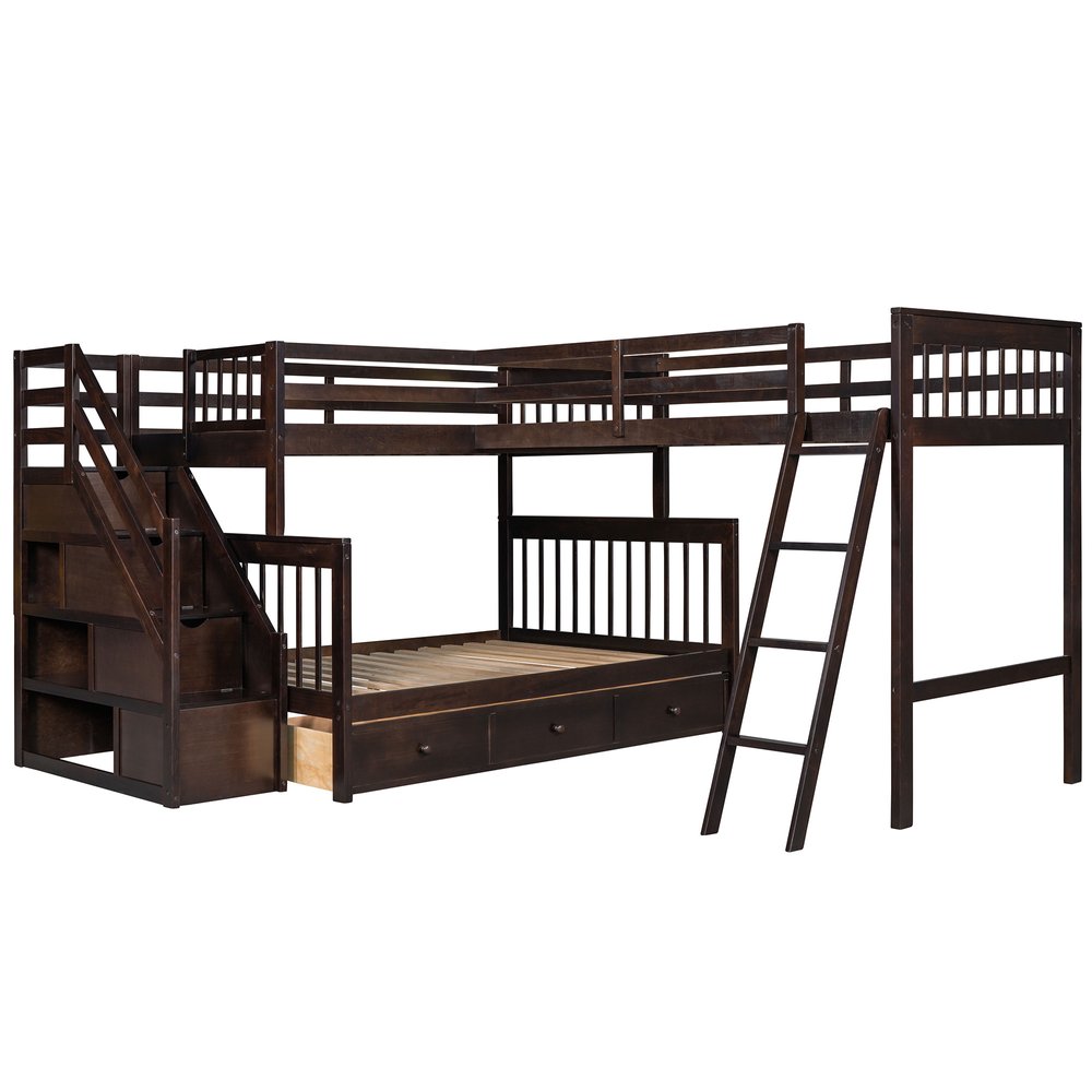 Espresso Twin Over Full Solid Wood Bunk Bed With Stairs And Storage