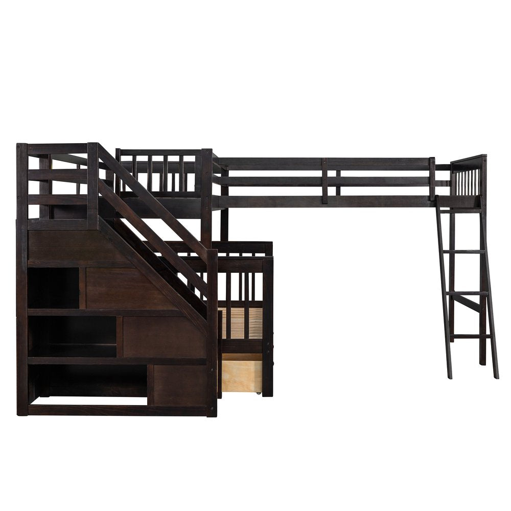 Espresso Twin Over Full Solid Wood Bunk Bed With Stairs And Storage