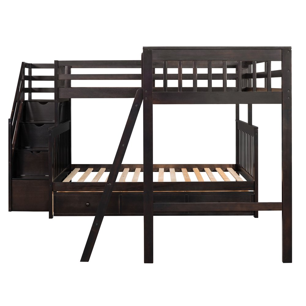 Espresso Twin Over Full Solid Wood Bunk Bed With Stairs And Storage