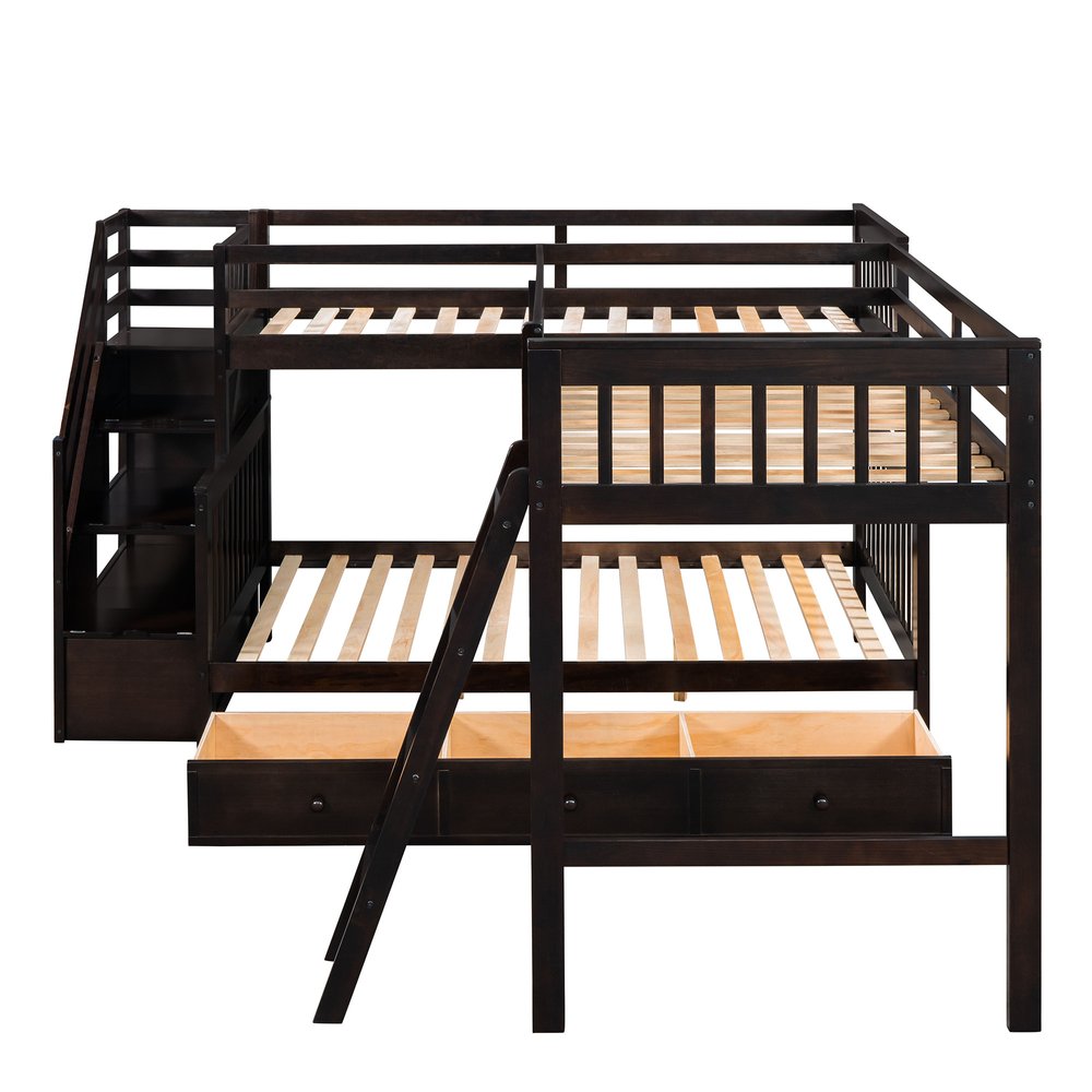 Espresso Twin Over Full Solid Wood Bunk Bed With Stairs And Storage