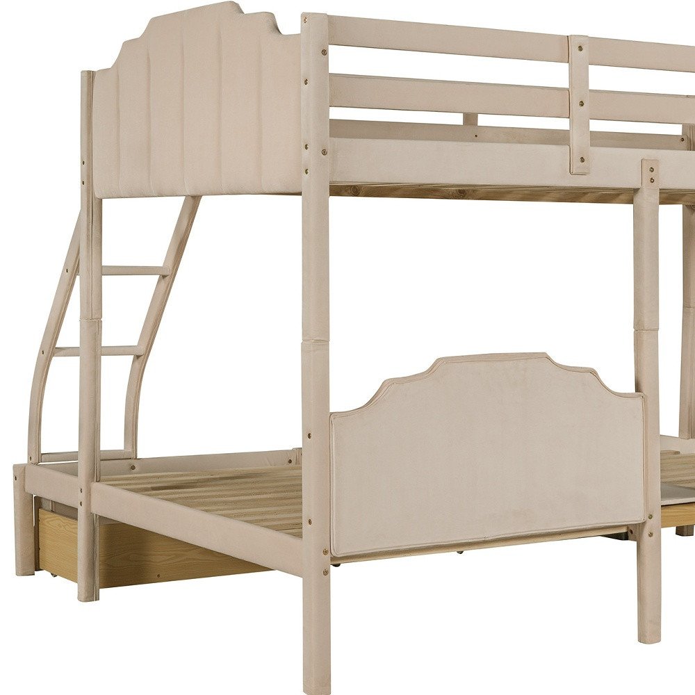 Beige Full Over Two Twins Solid Wood Bunk Bed With Drawers And Storage