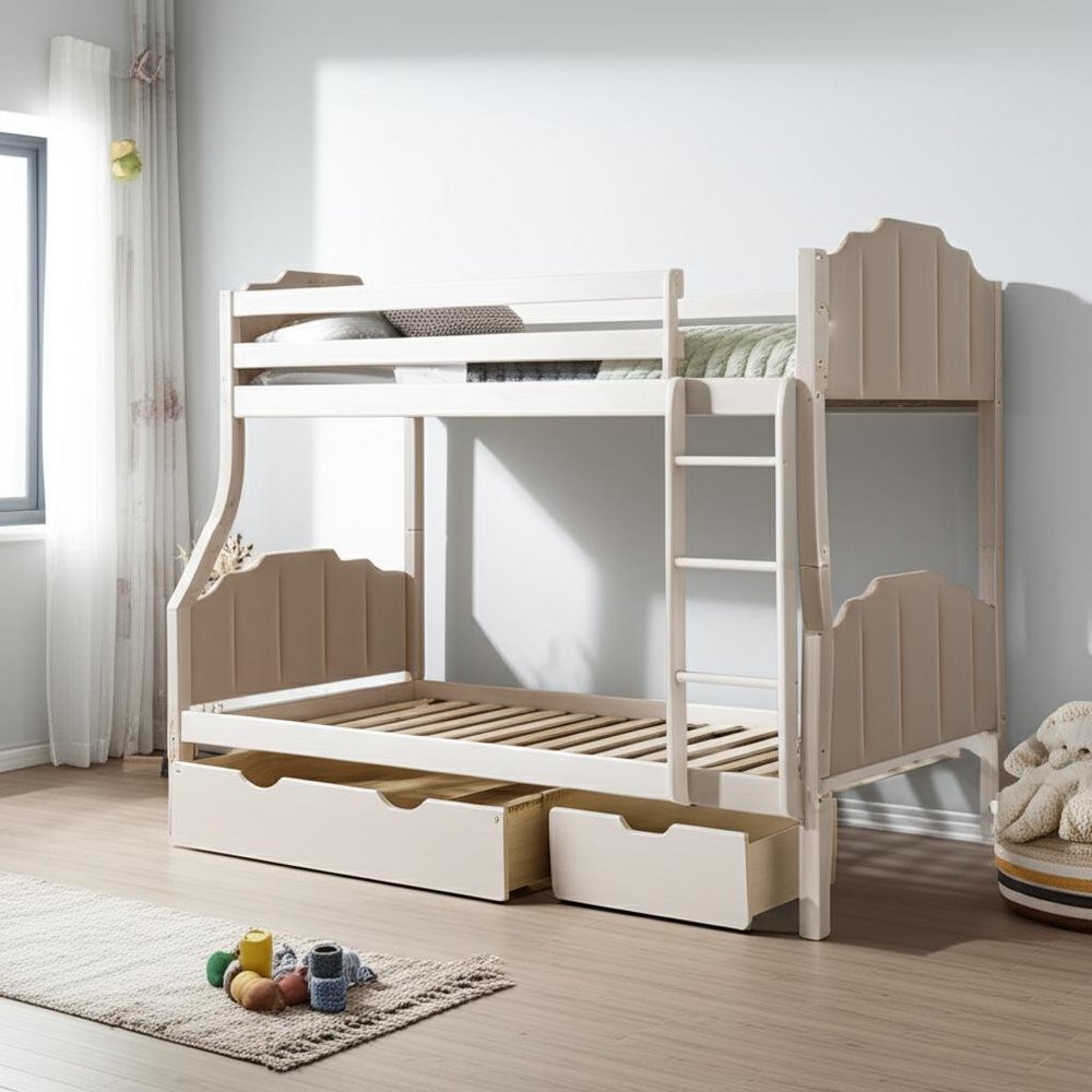 Beige Full Over Two Twins Solid Wood Bunk Bed With Drawers And Storage