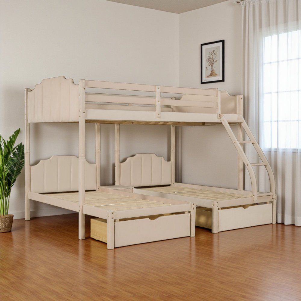 Beige Full Over Two Twins Solid Wood Bunk Bed With Drawers And Storage