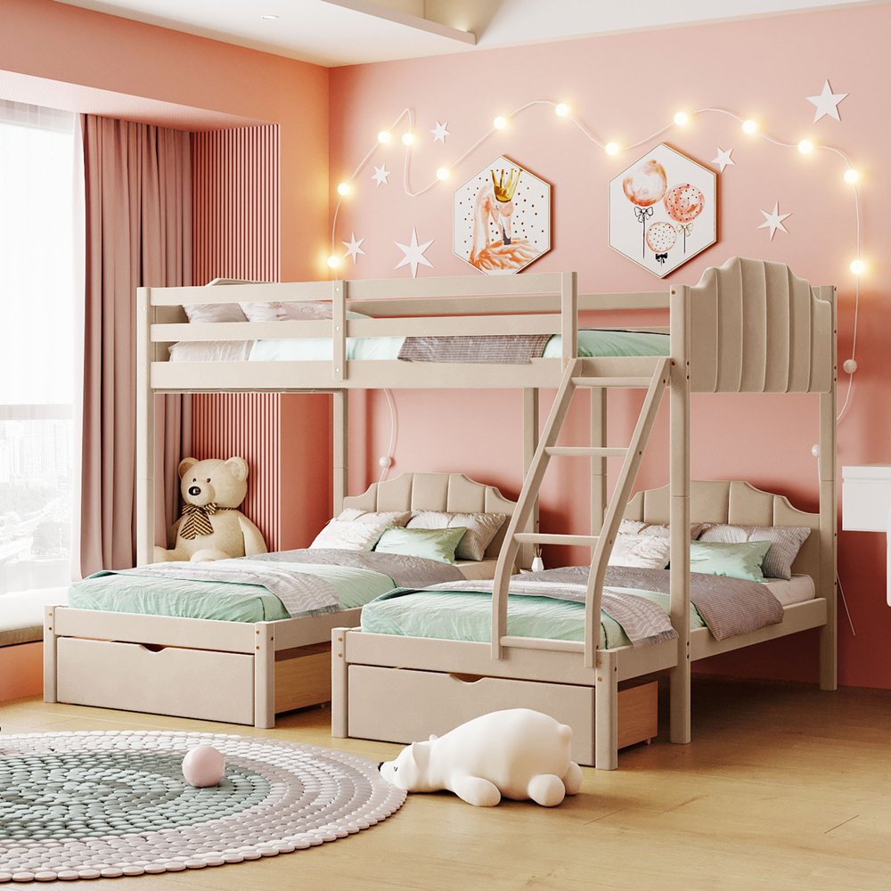 Beige Full Over Two Twins Solid Wood Bunk Bed With Drawers And Storage