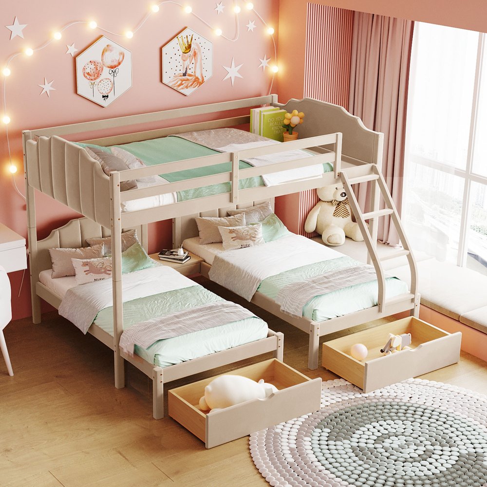 Beige Full Over Two Twins Solid Wood Bunk Bed With Drawers And Storage