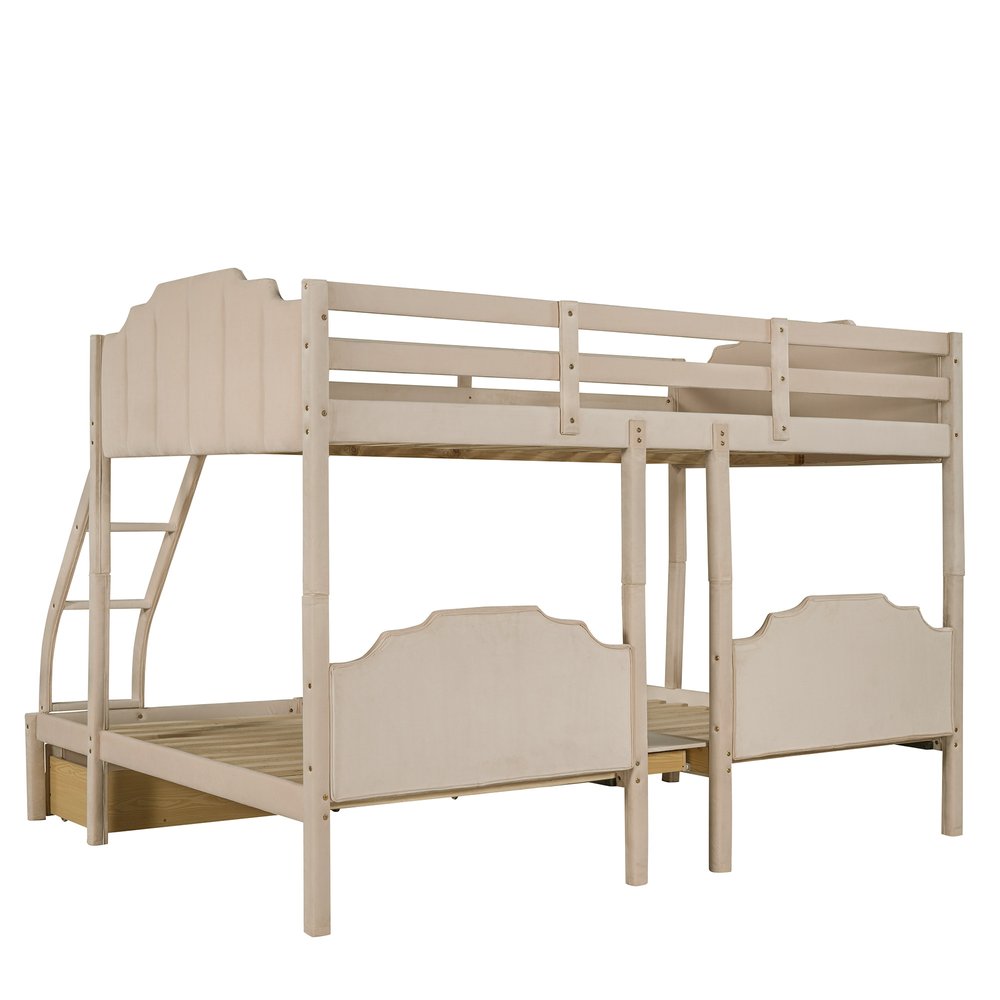 Beige Full Over Two Twins Solid Wood Bunk Bed With Drawers And Storage