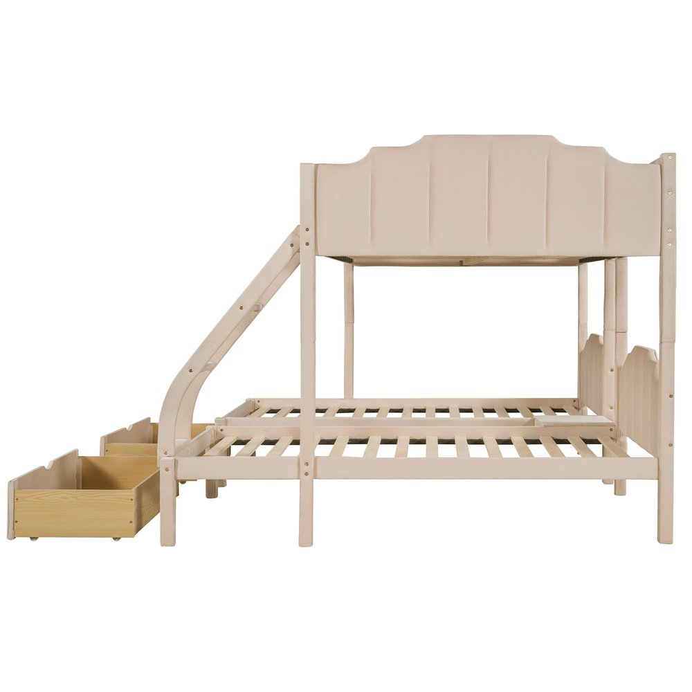 Beige Full Over Two Twins Solid Wood Bunk Bed With Drawers And Storage