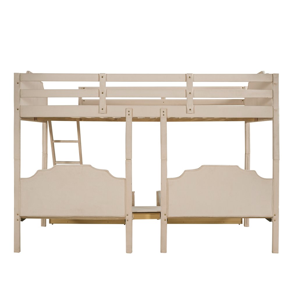 Beige Full Over Two Twins Solid Wood Bunk Bed With Drawers And Storage