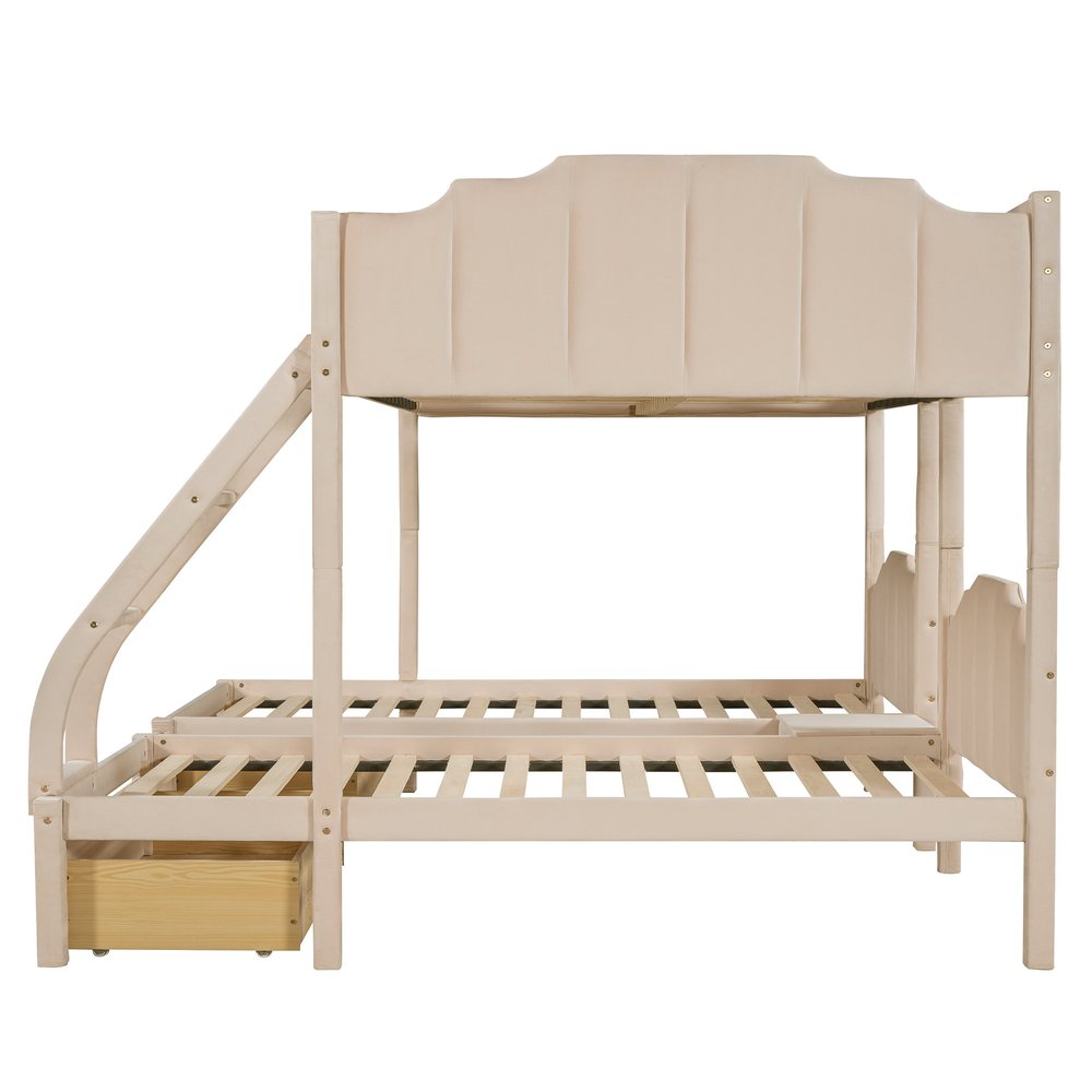 Beige Full Over Two Twins Solid Wood Bunk Bed With Drawers And Storage