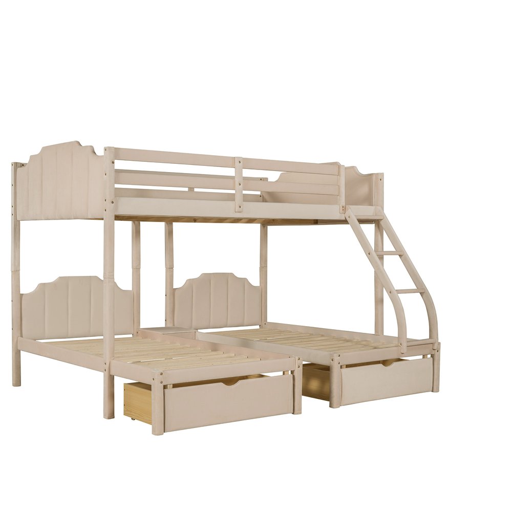 Beige Full Over Two Twins Solid Wood Bunk Bed With Drawers And Storage