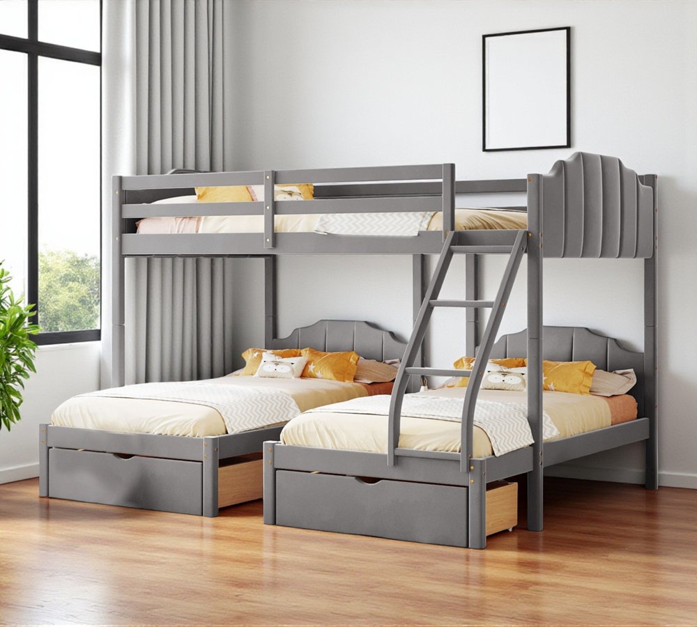 Gray Full Over Two Twins Solid Wood Bunk Bed With Drawers And Storage