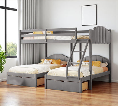 Gray Full Over Two Twins Solid Wood Bunk Bed With Drawers And Storage