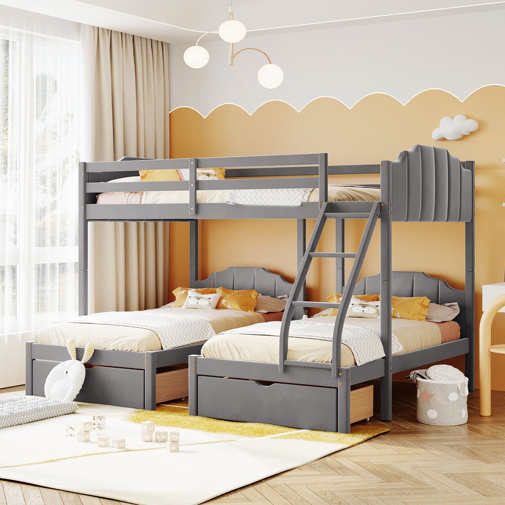 Gray Full Over Two Twins Solid Wood Bunk Bed With Drawers And Storage